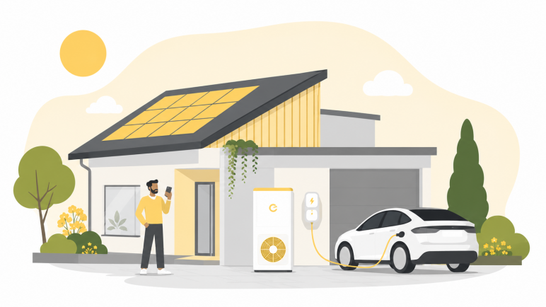 Grafik mit E-Auto, Wallbox, PV und Wärmpumpe an Haus